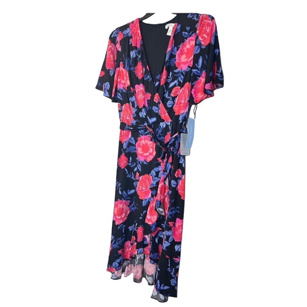 London Times Womens Black Floral Short Sleeve Faux Wrap Midi Dress Sz 10 New - Picture 4 of 6